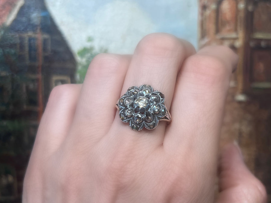 Rose diamond cluster ring in silver and 14 carat gold-Antique rings-The Antique Ring Shop