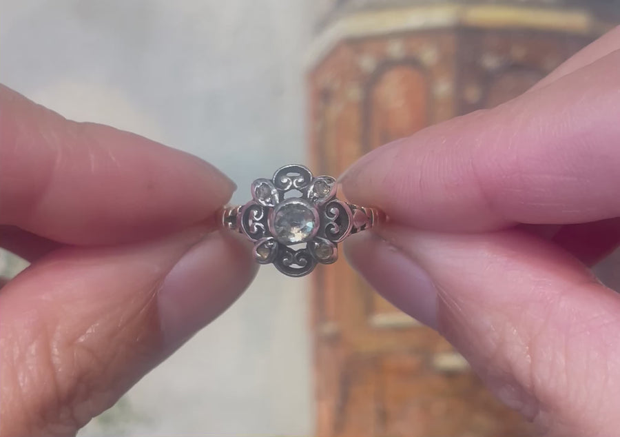 Rose diamond ring in silver and 14 carat gold