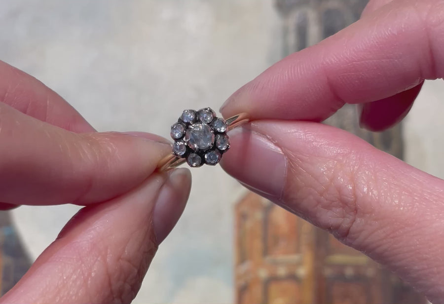 Rose diamond cluster ring in silver and gold