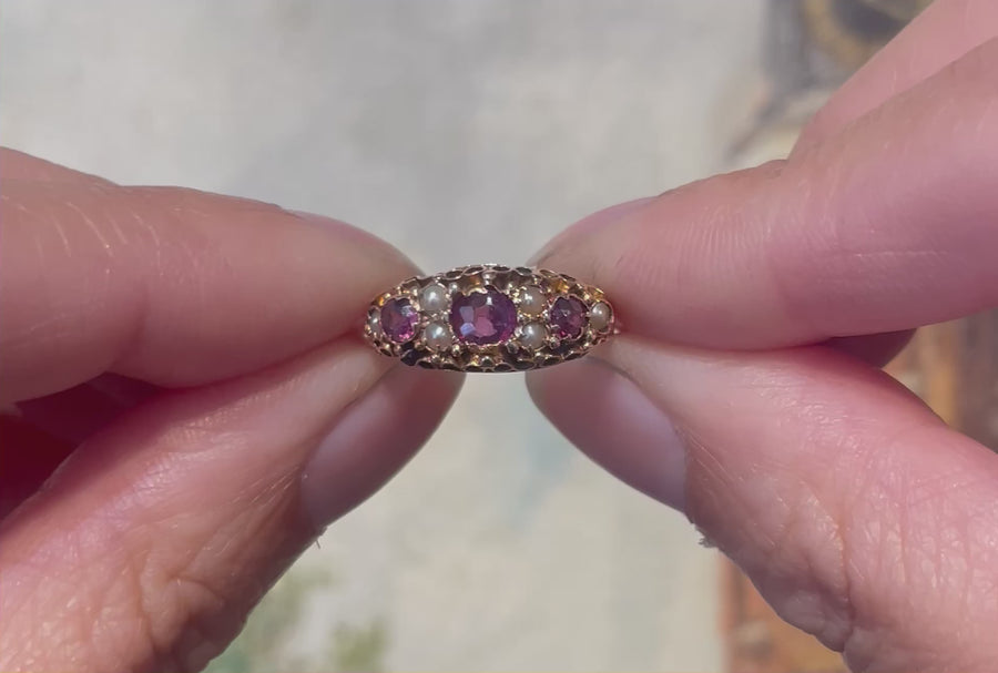 Victorian garnet and pearl ring from 1899