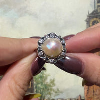 Pearl and single cut diamond ring in silver and gold