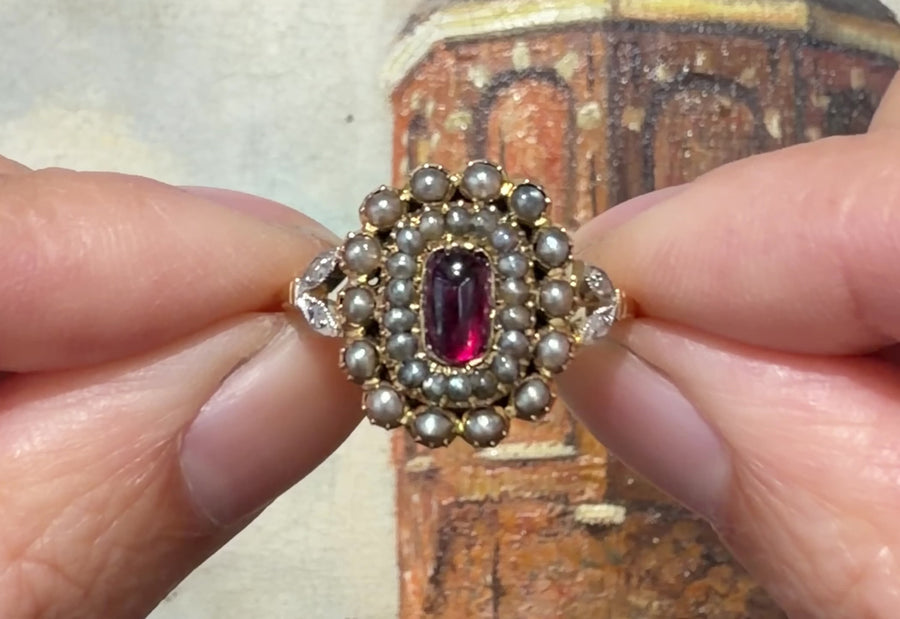 Toermalijn, parel en roosdiamanten ring