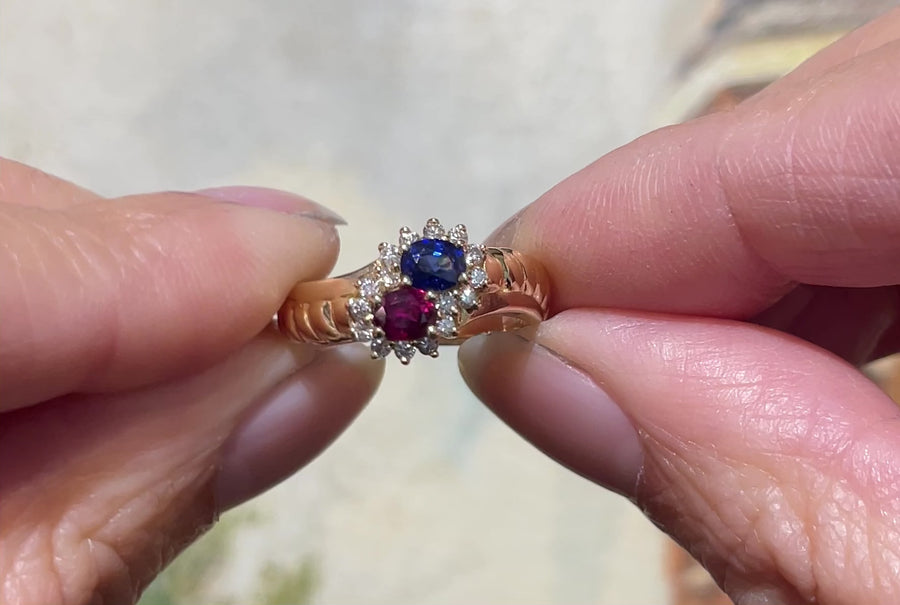 Ruby and sapphire double cluster ring