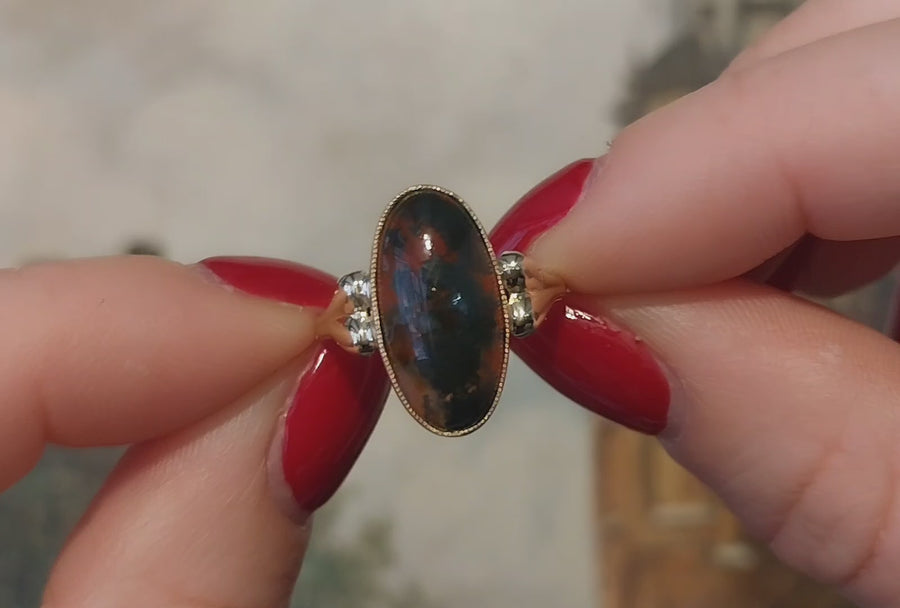 Cabochon moss agate ring in 14 carat gold