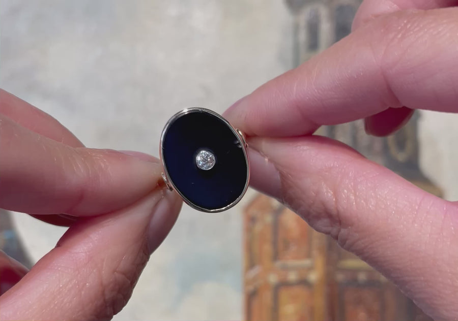 Onyx and old cut diamond ring in 14 carat gold