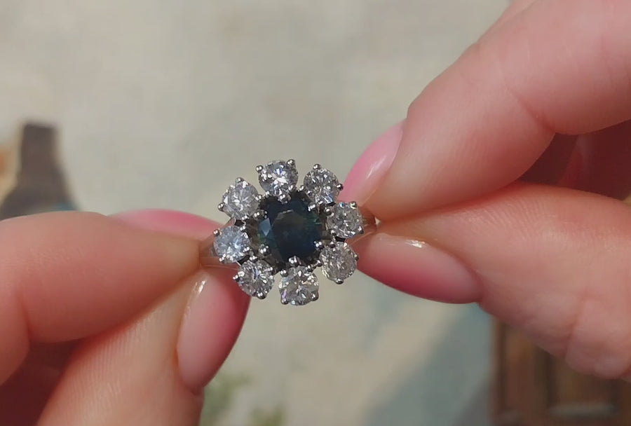 Sapphire and diamond cluster ring in 14 carat white gold