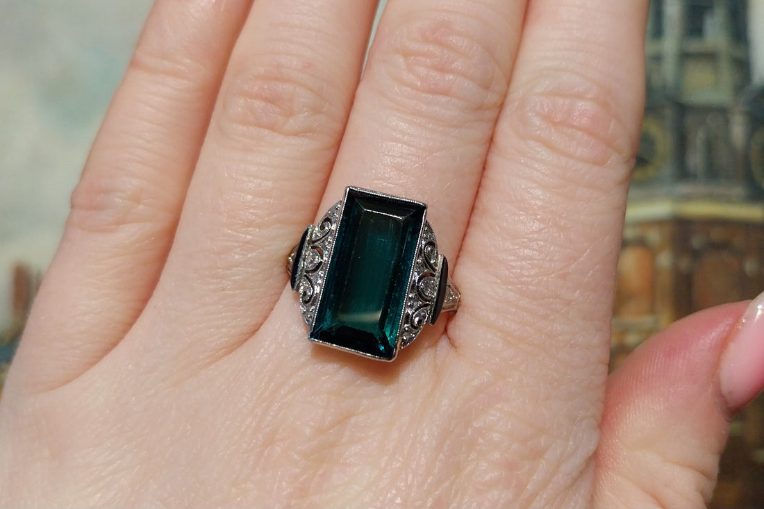 Art Deco green spinel and diamond ring-Vintage Rings-The Antique Ring Shop