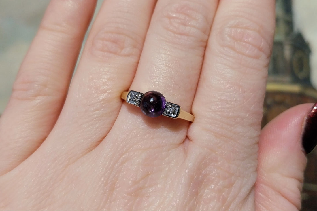 Cabochon amethyst ring with diamonds-Vintage Rings-The Antique Ring Shop