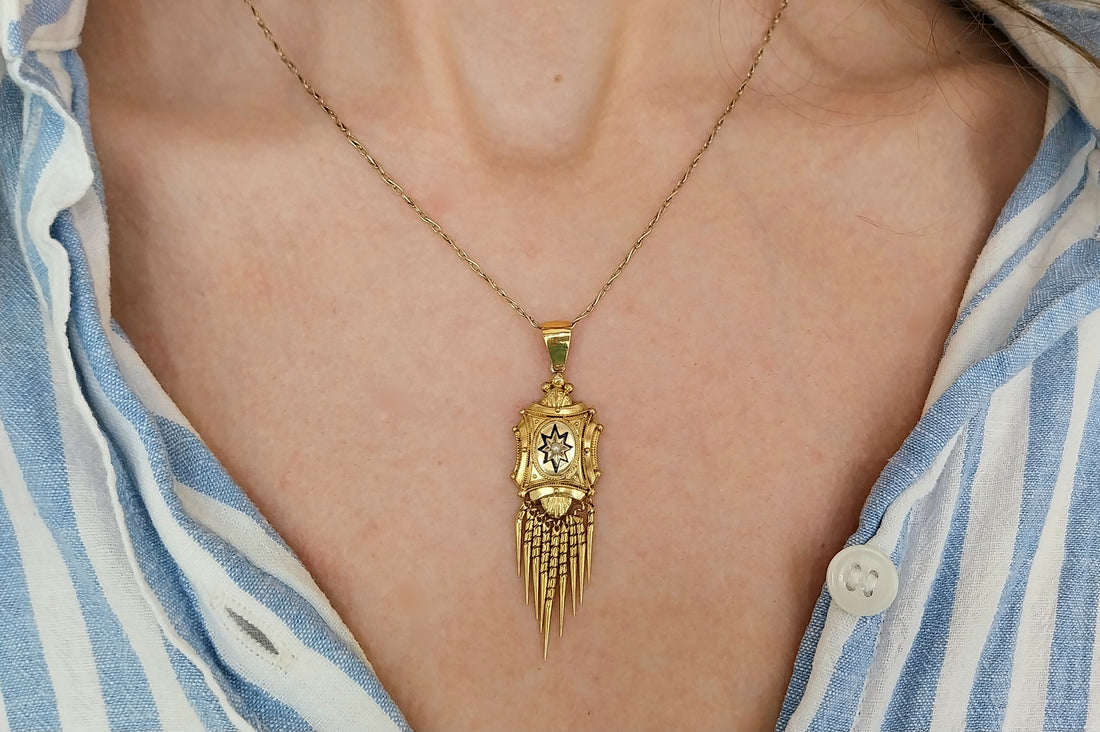 Victorian tassel pendant with enamel and pearl-Pendants-The Antique Ring Shop