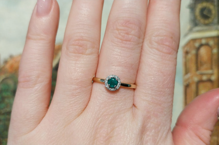Vintage emerald and diamond cluster ring-engagement rings-The Antique Ring Shop