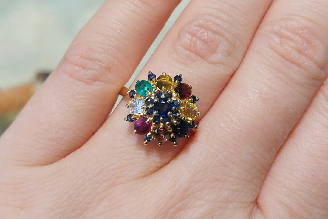 Multi gem ring in 14 carat gold