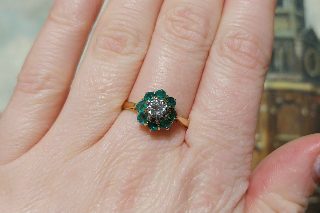 Emerald and diamond ring in platinum and gold-engagement rings-The Antique Ring Shop