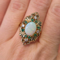 Opal emerald and diamond marquise ring-Vintage rings-The Antique Ring Shop