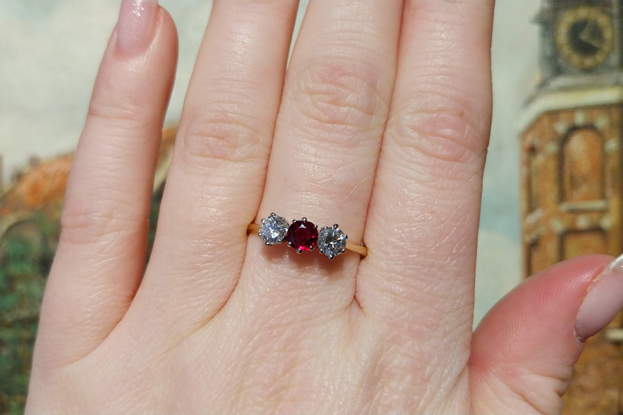 Vintage three stone ruby and diamond ring-engagement rings-The Antique Ring Shop