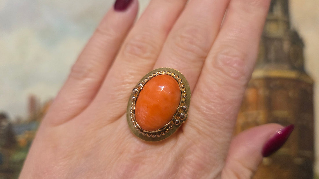 Cabochon angel skin ring in 14 carat gold-Vintage Rings-The Antique Ring Shop