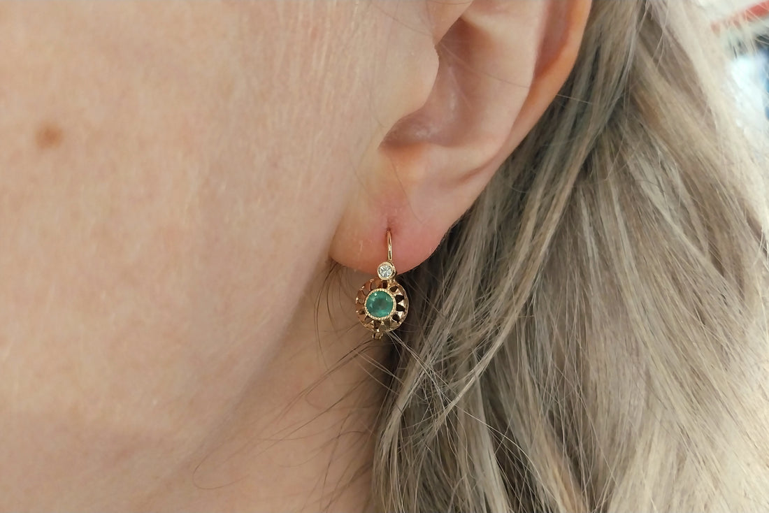 Emerald and diamond earrings-Earrings-The Antique Ring Shop