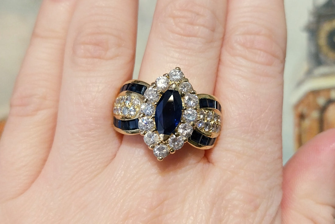 Marquise sapphire and diamond ring in 18 carat gold-Vintage Rings-The Antique Ring Shop