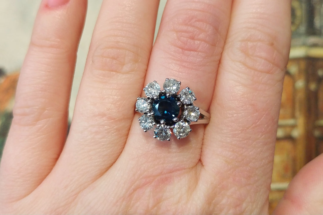 Sapphire and diamond cluster ring in 14 carat white gol-engagement rings-The Antique Ring Shop