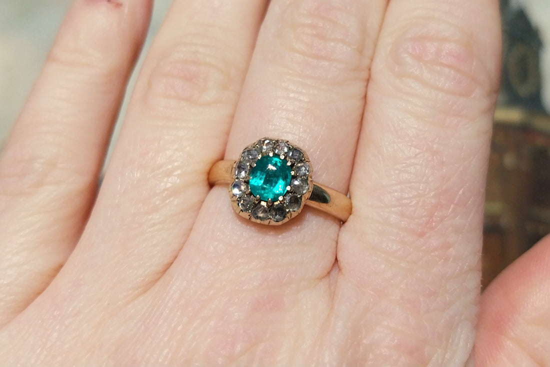 Emerald and rose diamond ring in 14 carat gold-Antique rings-The Antique Ring Shop