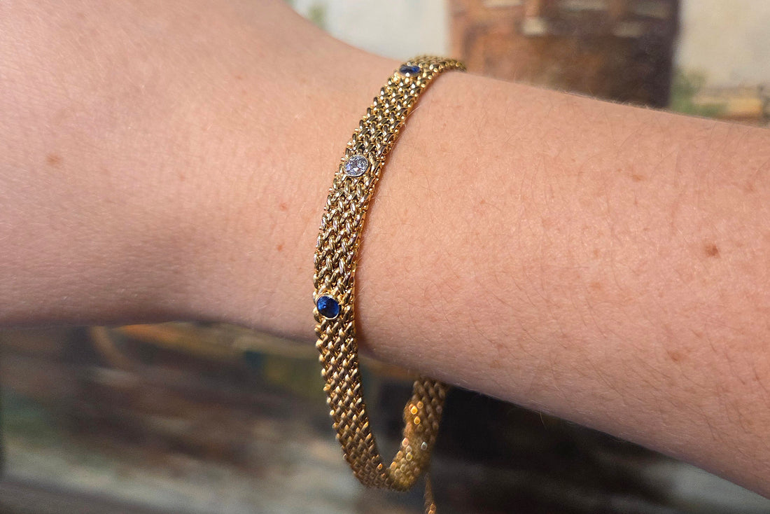 Vintage mesh sapphires and diamond bracelet-Bracelets-The Antique Ring Shop