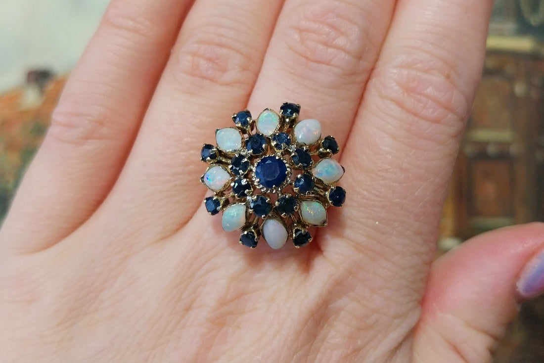 Vintage sapphire and opal ring in 14 carat gold-Vintage rings-The Antique Ring Shop