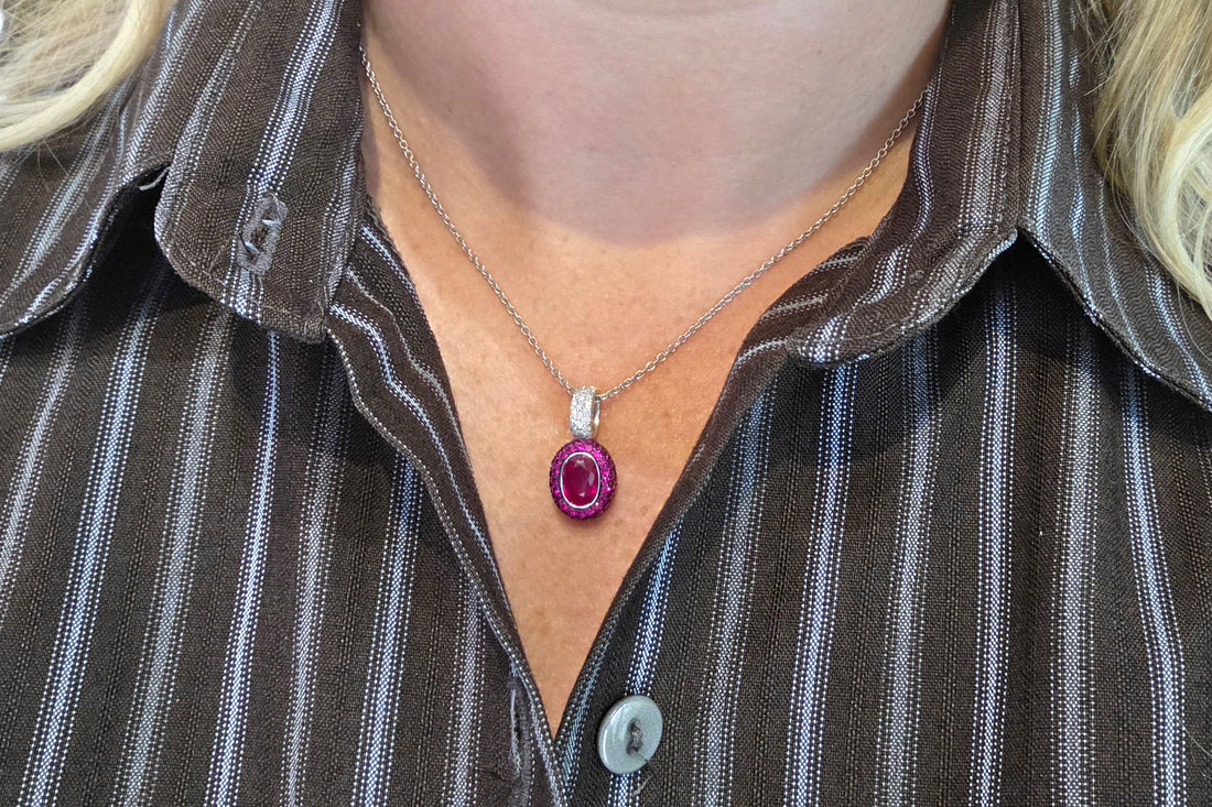 Ruby and diamond pendant in white gold-Pendants-The Antique Ring Shop
