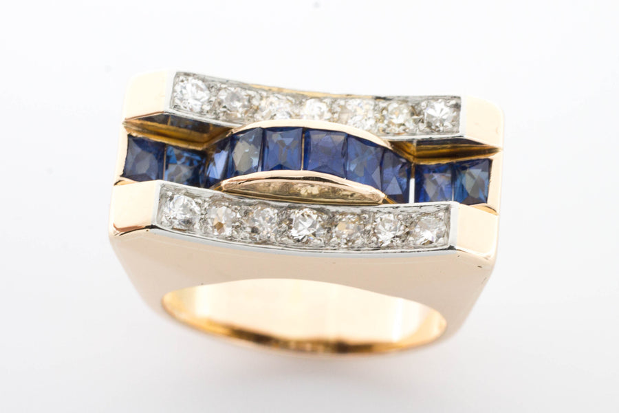 Art Deco style sapphire and diamond ring in rose gold.-Antique rings-The Antique Ring Shop, Amsterdam