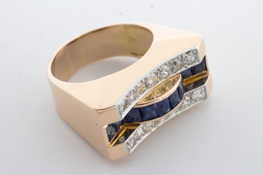 Art Deco style sapphire and diamond ring in rose gold.-Antique rings-The Antique Ring Shop, Amsterdam