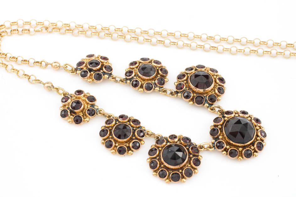 Garnet collier in rose and yellow gold.-Pendants-The Antique Ring Shop