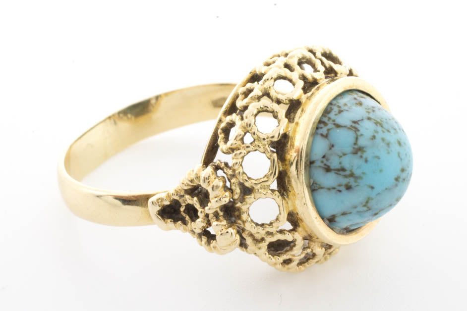 Cabochon turquoise ring in 14 carat yellow gold.-Vintage & retro rings-The Antique Ring Shop