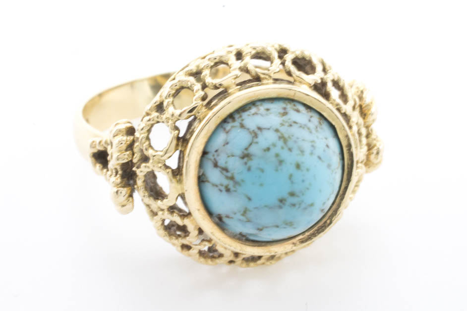 Cabochon turquoise ring in 14 carat yellow gold.-Vintage & retro rings-The Antique Ring Shop