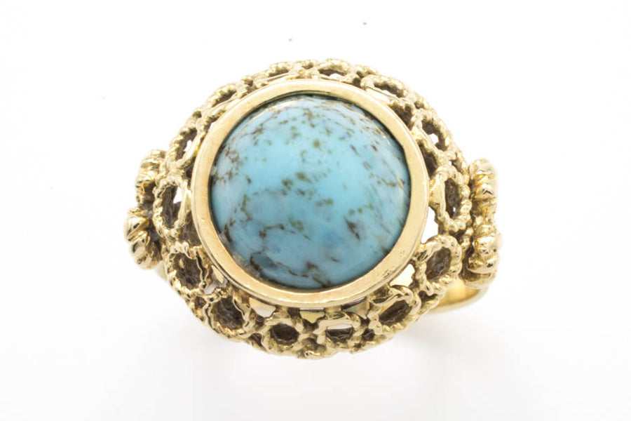 Cabochon turquoise ring in 14 carat yellow gold.-Vintage & retro rings-The Antique Ring Shop