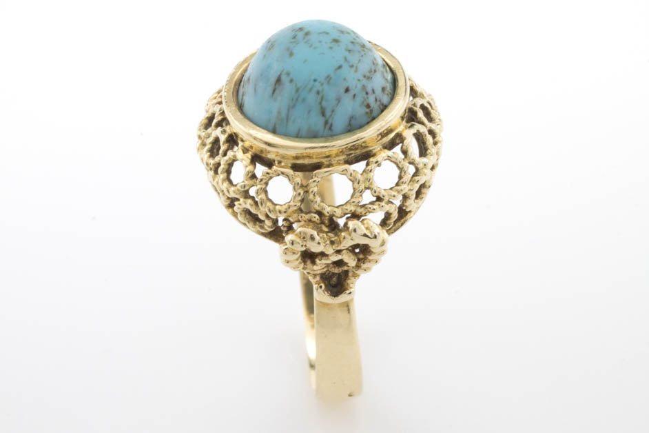 Cabochon turquoise ring in 14 carat yellow gold.-Vintage & retro rings-The Antique Ring Shop