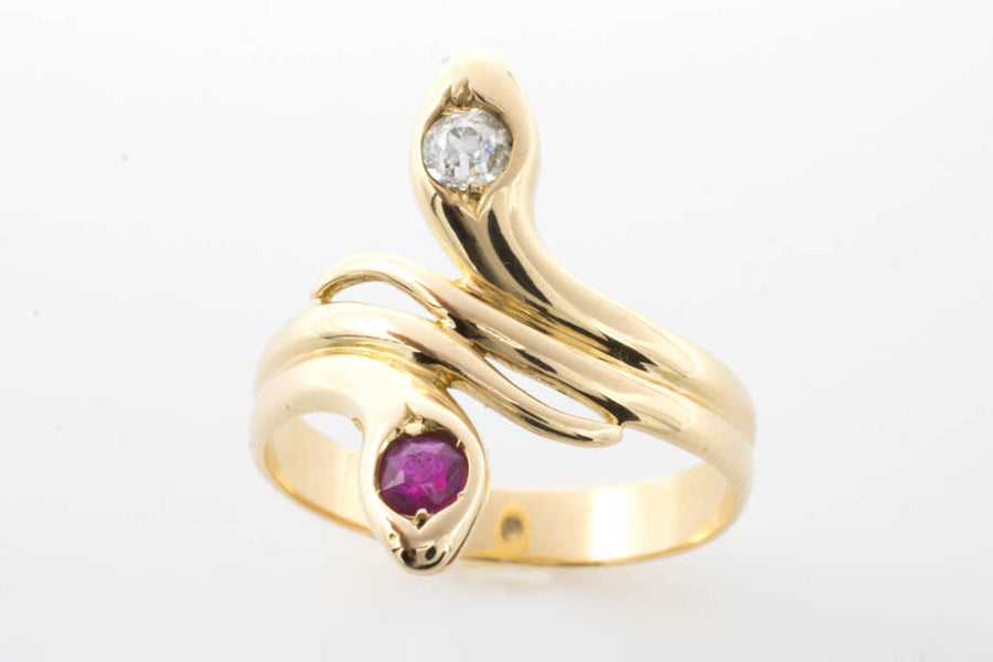 Ruby and diamond snake ring in 18 carat gold.-Antique rings-The Antique Ring Shop