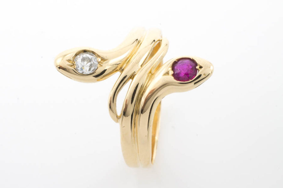 Ruby and diamond snake ring in 18 carat gold.-Antique rings-The Antique Ring Shop