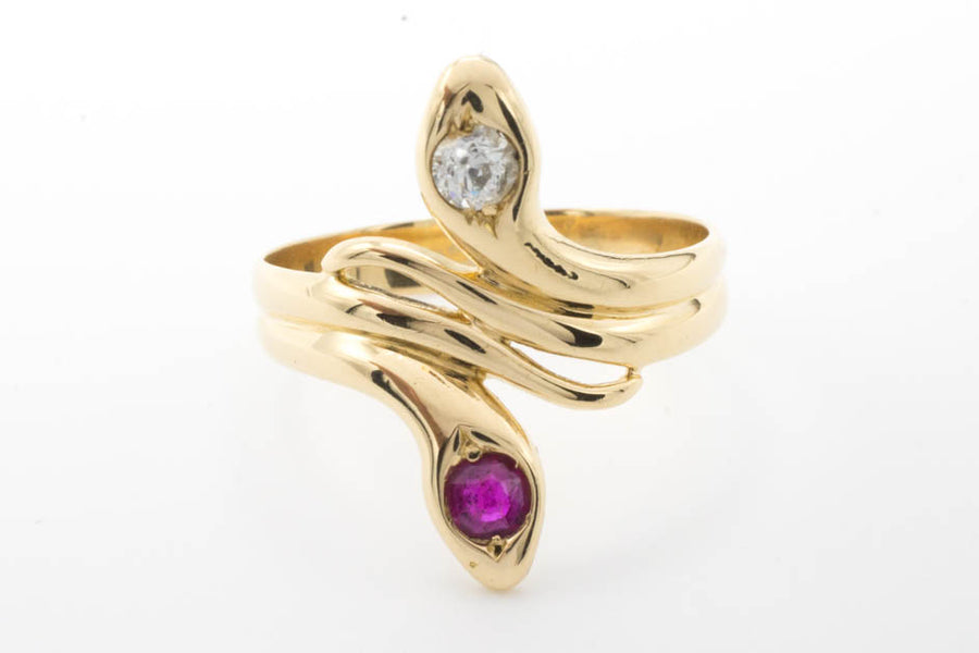 Ruby and diamond snake ring in 18 carat gold.-Antique rings-The Antique Ring Shop