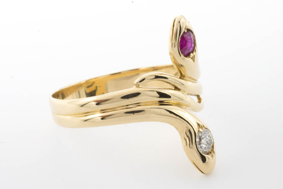 Ruby and diamond snake ring in 18 carat gold.-Antique rings-The Antique Ring Shop