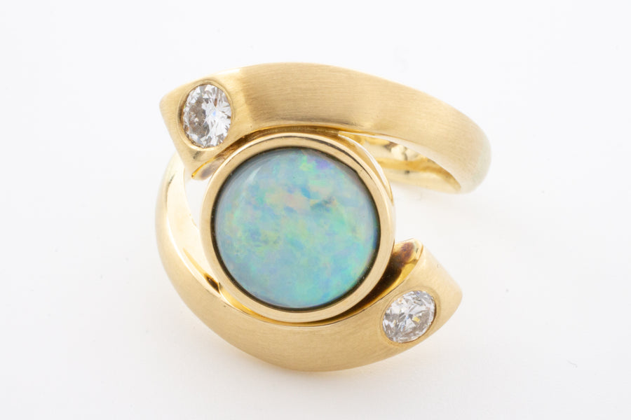 Opal and diamond ring in 14 carat matt gold-Vintage & retro rings-The Antique Ring Shop