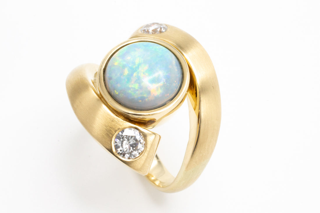 Opal and diamond ring in 14 carat matt gold-Vintage & retro rings-The Antique Ring Shop