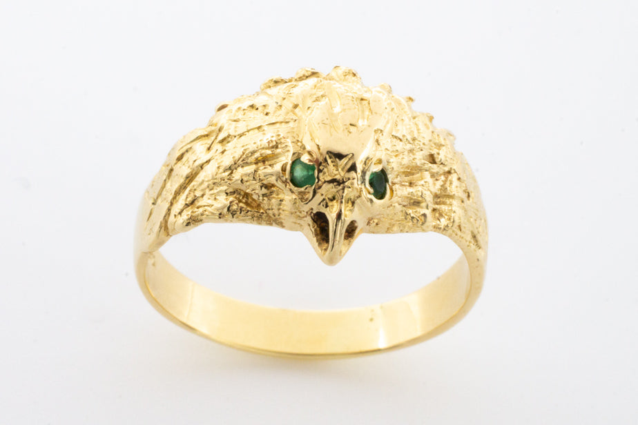 18 carat gold eagle ring with emerald eyes.-Vintage & retro rings-The Antique Ring Shop