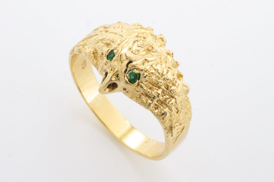 18 carat gold eagle ring with emerald eyes.-Vintage & retro rings-The Antique Ring Shop