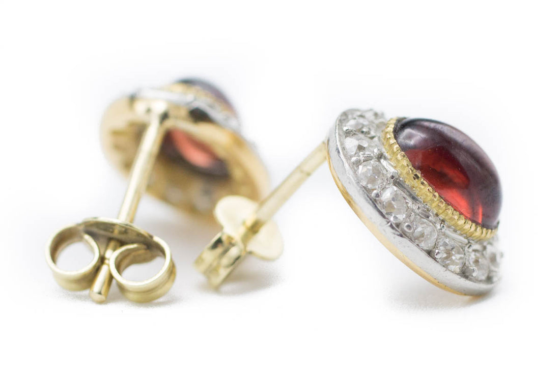 Garnet & Diamond Gold Studs-Earrings-The Antique Ring Shop, Amsterdam