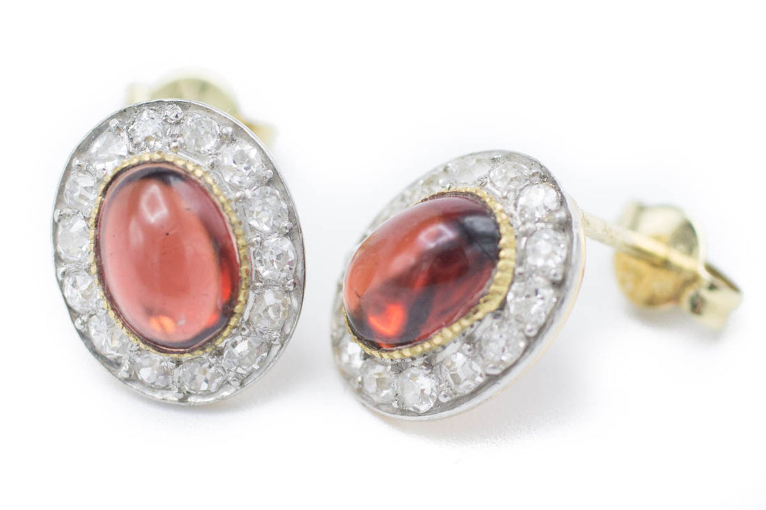 Garnet & Diamond Gold Studs-Earrings-The Antique Ring Shop, Amsterdam