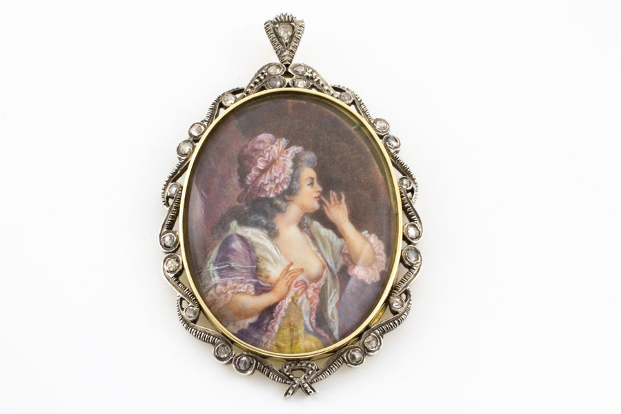 Rose diamond set miniature portrait pendant-Pendants-The Antique Ring Shop
