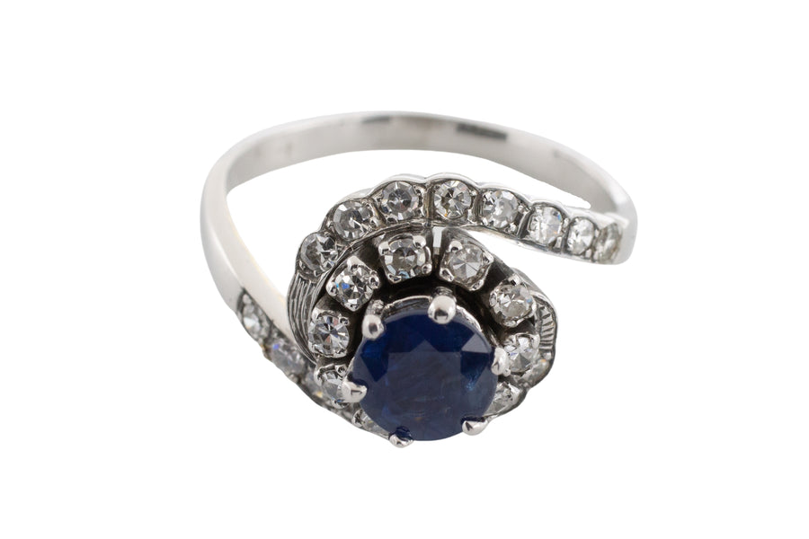 Sapphire and diamond white gold swirl ring-vintage rings-The Antique Ring Shop