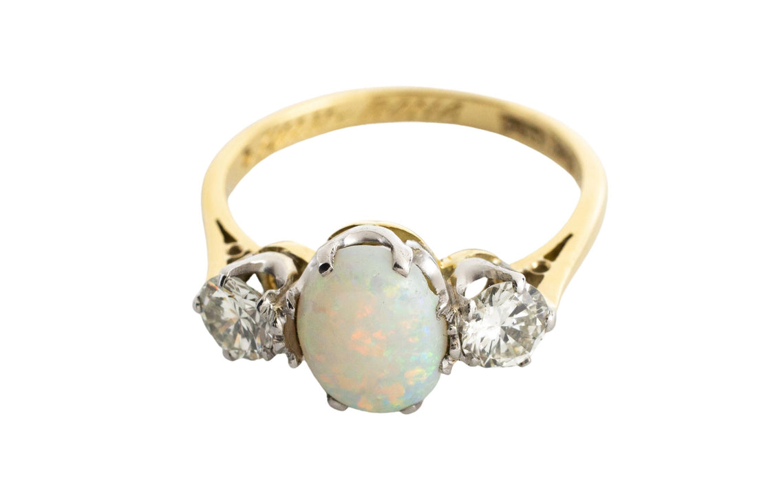 Vintage cabochon opal and brilliant cut diamond ring-Vintage & retro rings-The Antique Ring Shop