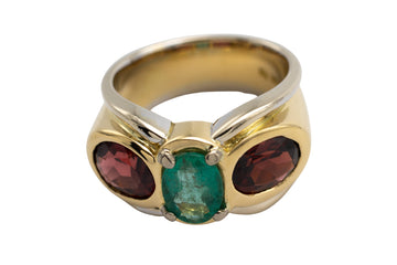 Emerald and garnet ring in 18 carat gold-Vintage & retro rings-The Antique Ring Shop