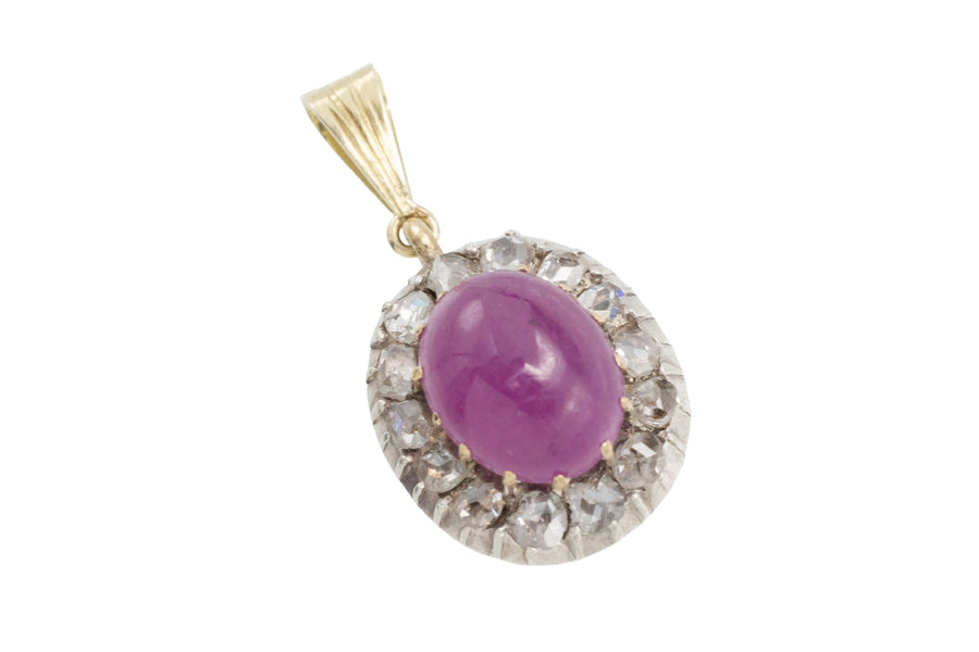 Ruby and rose diamond pendant in silver and gold-Pendants-The Antique Ring Shop